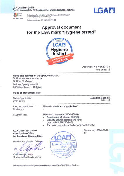 hygiene certificate Corian
